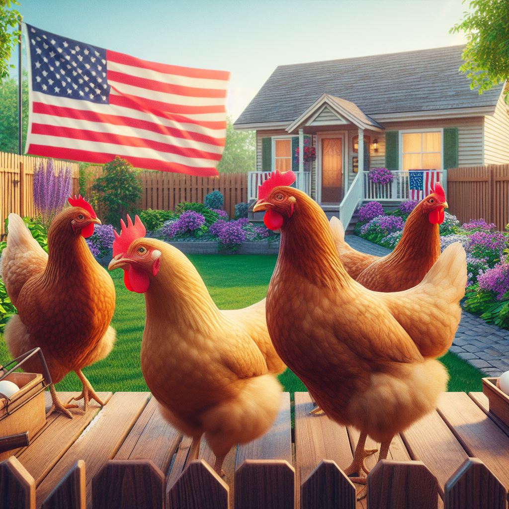 4 hens in a backyard where there is a U.S. flag