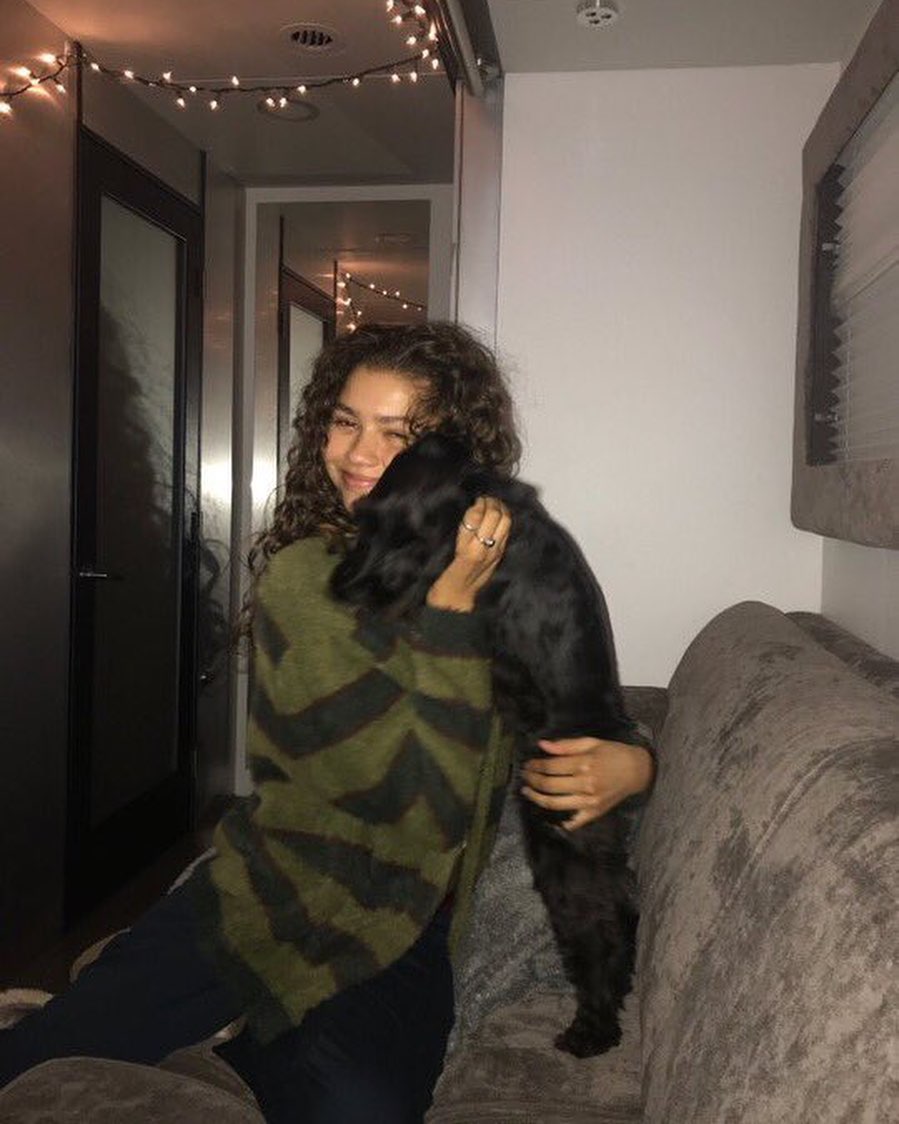Zendaya cuddling with her dog at home