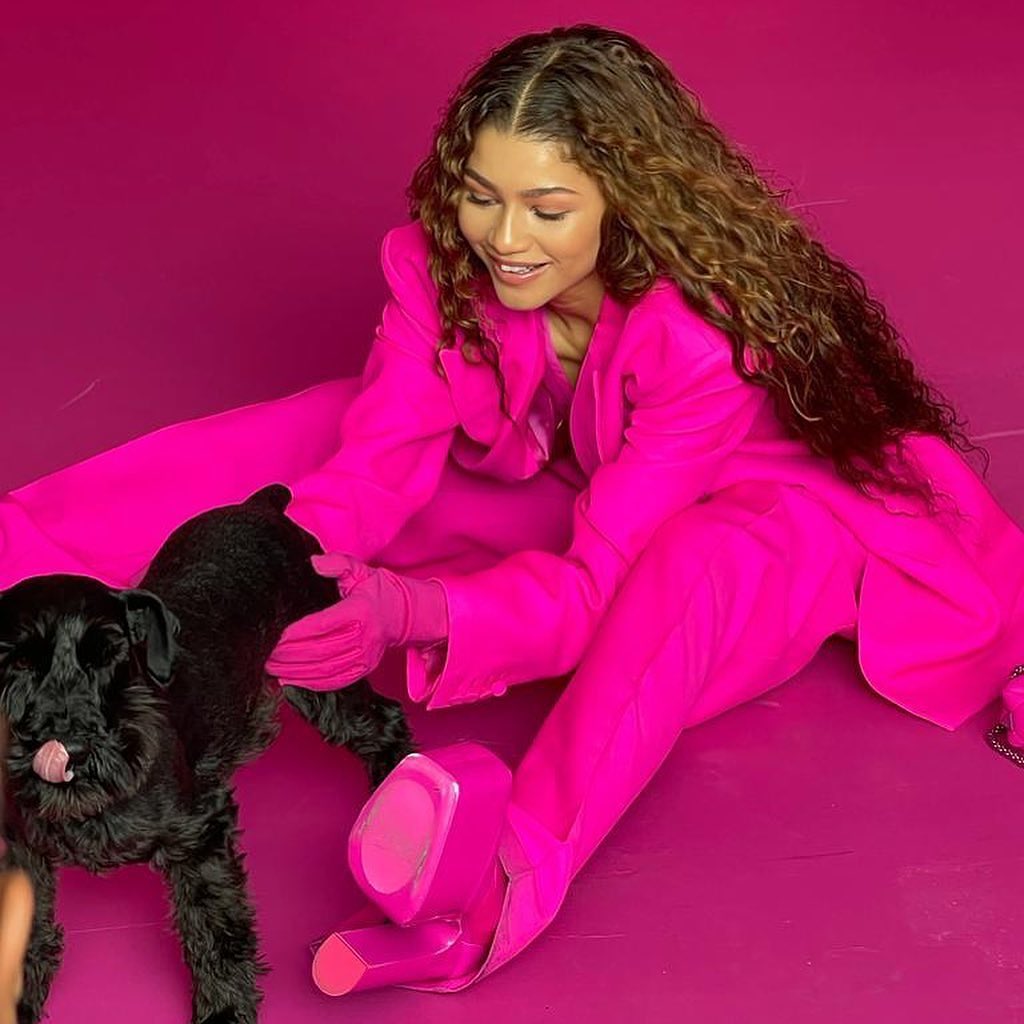 Zendaya and her dog during a photoshoot