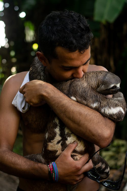 A man cuddling a pet sloth