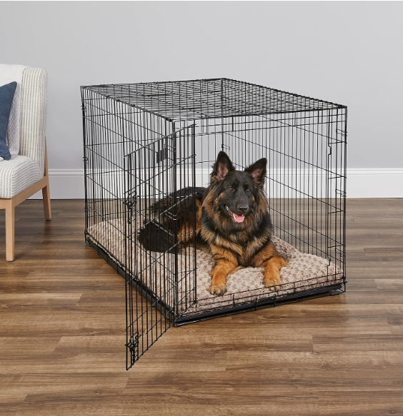 A Single-Door Metal Dog Crate with a German Shepherd in it