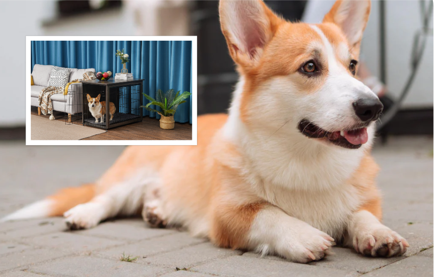 A Corgi in a dog crate