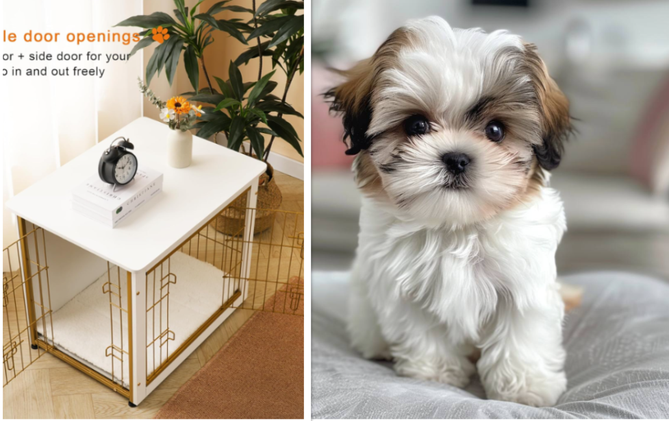 A dog crate and a Shih Tzu puppy