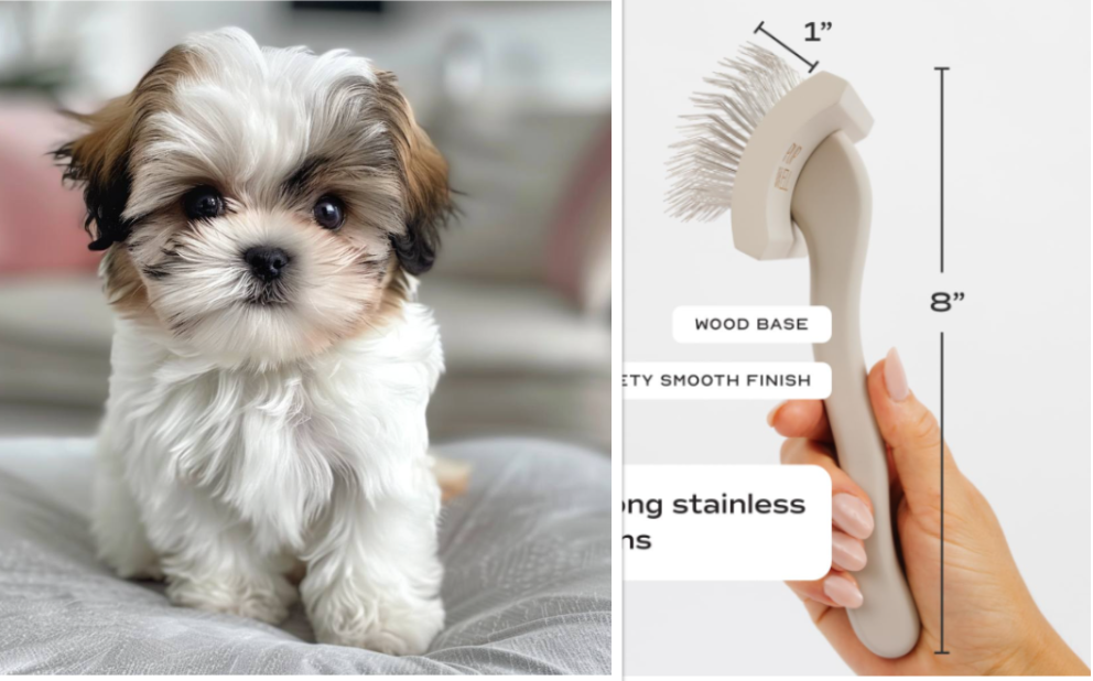 A Shih Tzu puppy and a dog brush